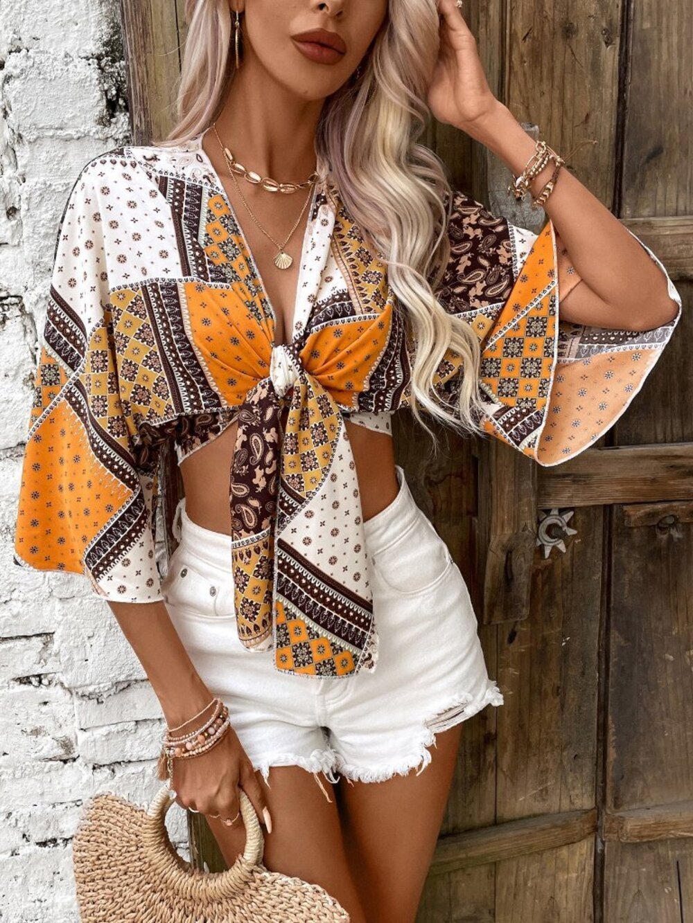 Orange Boho Women's Paisley Scarf Print Tie Front Crop Top